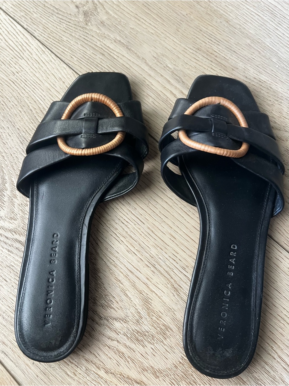 Veronica Beard Black Leather Slide Sandals with Tan Woven Buckle